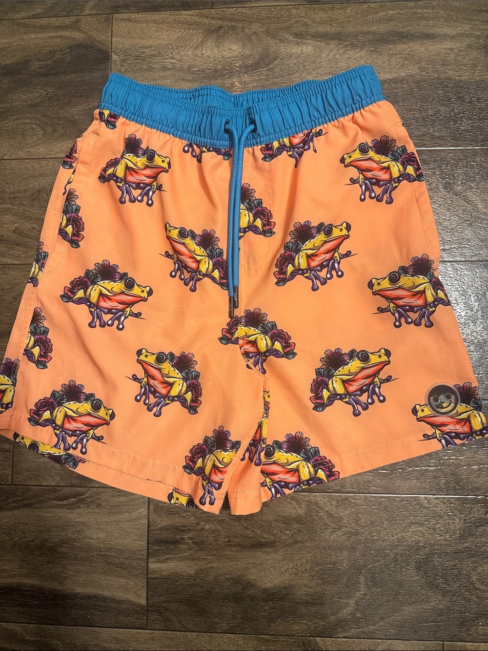 Neff Orange Frog-Print Swim Trunks with Blue Waistband